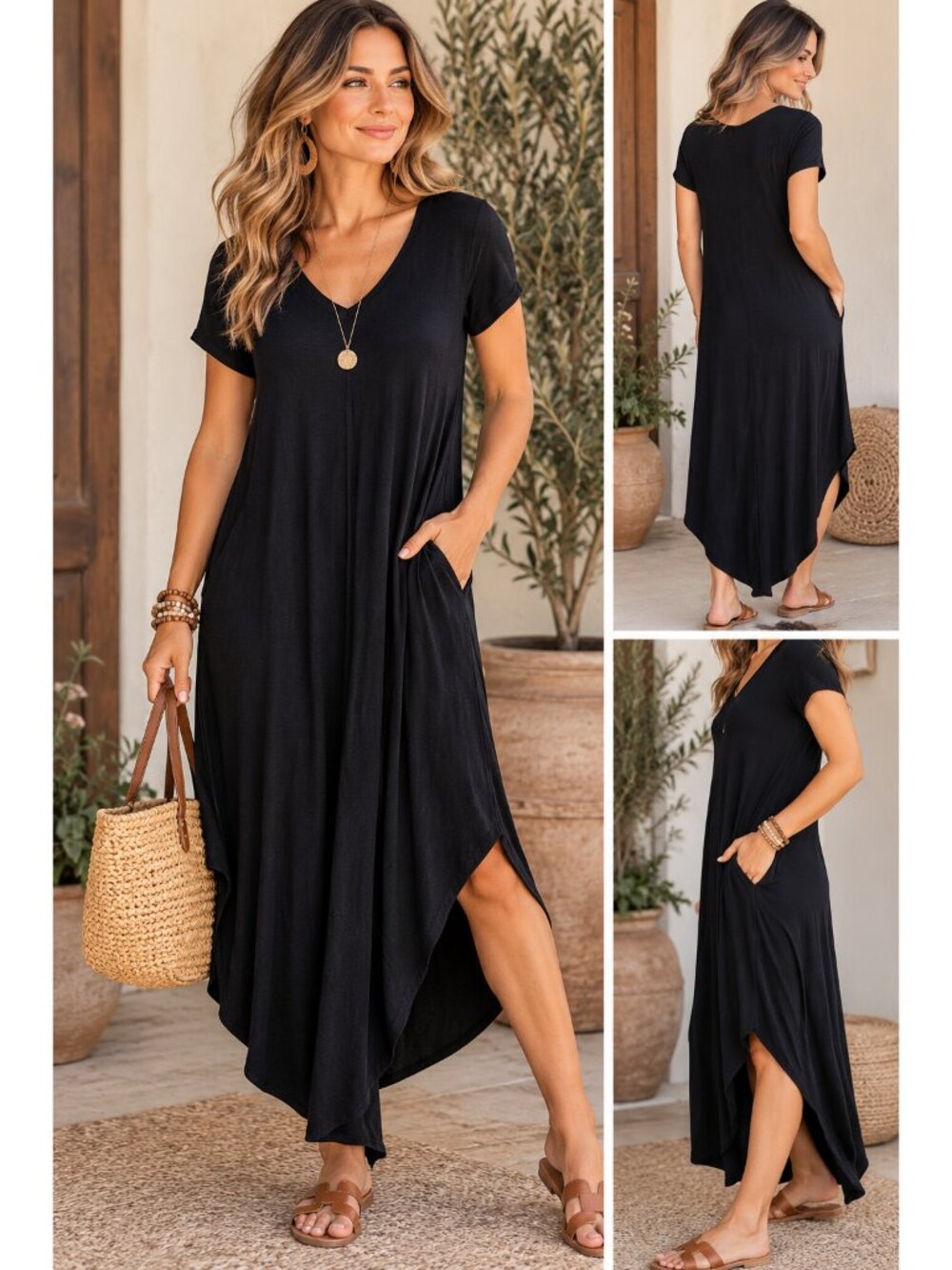 Black Midi Dress Handkerchief Hem V Neck Pockets Lagenlook Minimalist Boho Small